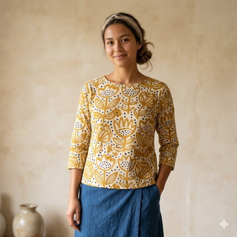 Sou Sou Womens Top Small‎ Mustard Yellow Floral Boat Neck 3/4 Sleeve Art to Wear